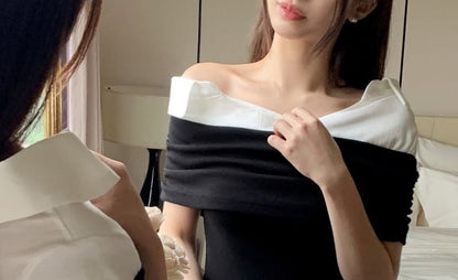 Mock Two-Piece Short-Sleeve Off-Shoulder Two Tone Ruched Blouse