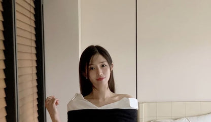 Mock Two-Piece Short-Sleeve Off-Shoulder Two Tone Ruched Blouse