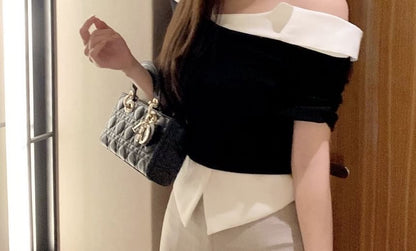 Mock Two-Piece Short-Sleeve Off-Shoulder Two Tone Ruched Blouse