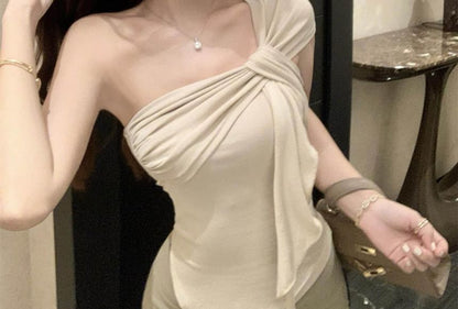 One Shoulder Asymmetrical Ruched Sleeveless Top