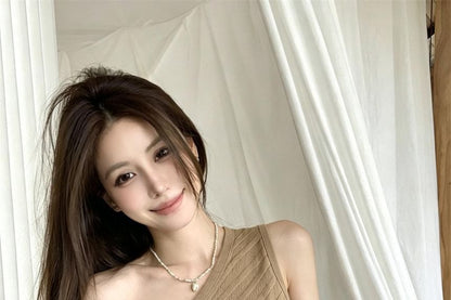 Ribbed Knit Top with One Shoulder and Asymmetrical Hem