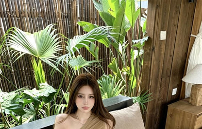 Ribbed Knit Top with One Shoulder and Asymmetrical Hem