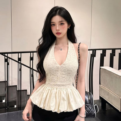 Halter V-Neck Lace Panel Bubble Blouse
