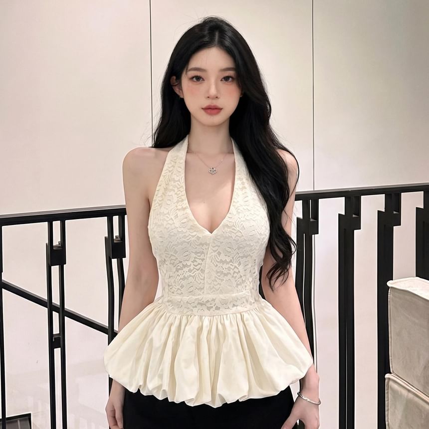 Halter V-Neck Lace Panel Bubble Blouse