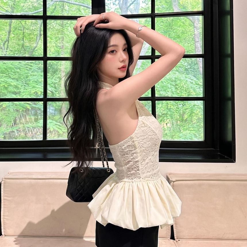 Halter V-Neck Lace Panel Bubble Blouse