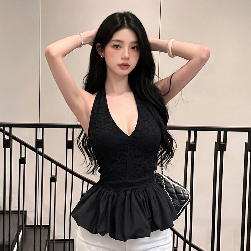 Halter V-Neck Lace Panel Bubble Blouse