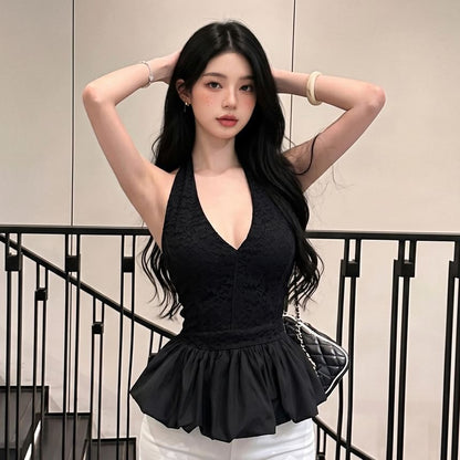 Halter V-Neck Lace Panel Bubble Blouse