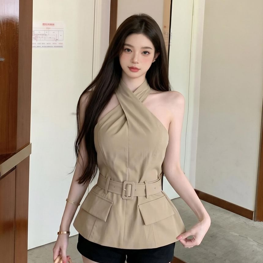 Halter Neck Cross Tie Waist Blouse