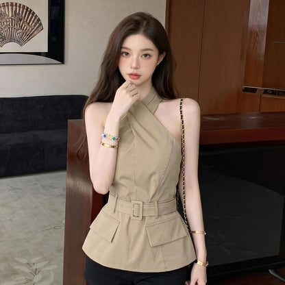 Halter Neck Cross Tie Waist Blouse