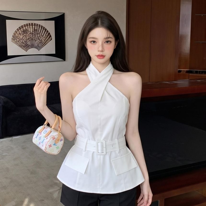 Halter Neck Cross Tie Waist Blouse