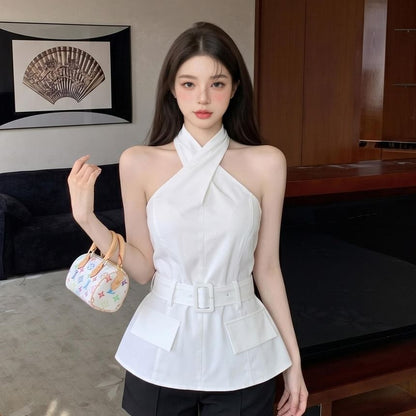 Halter Neck Cross Tie Waist Blouse