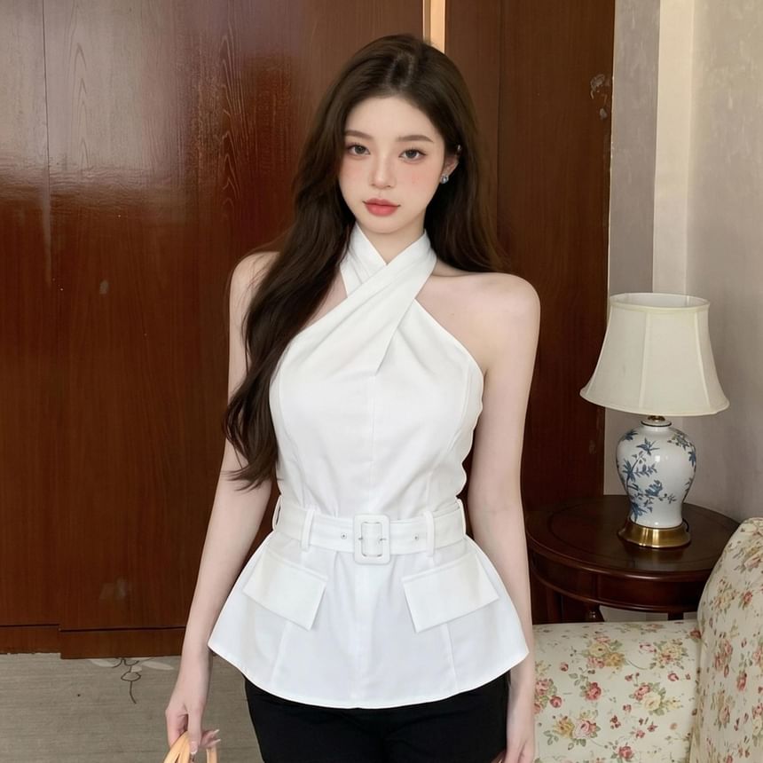 Halter Neck Cross Tie Waist Blouse