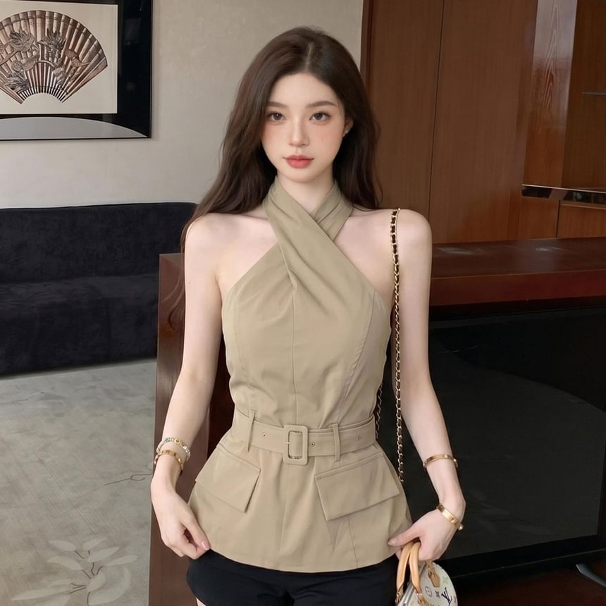 Halter Neck Cross Tie Waist Blouse