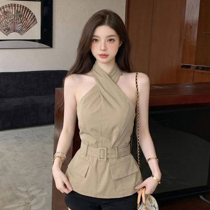 Halter Neck Cross Tie Waist Blouse