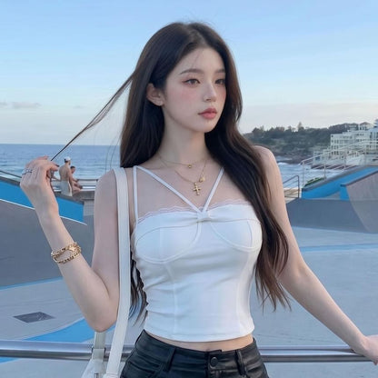 Spaghetti Strap Lace Trim Bow Detail Crop Camisole