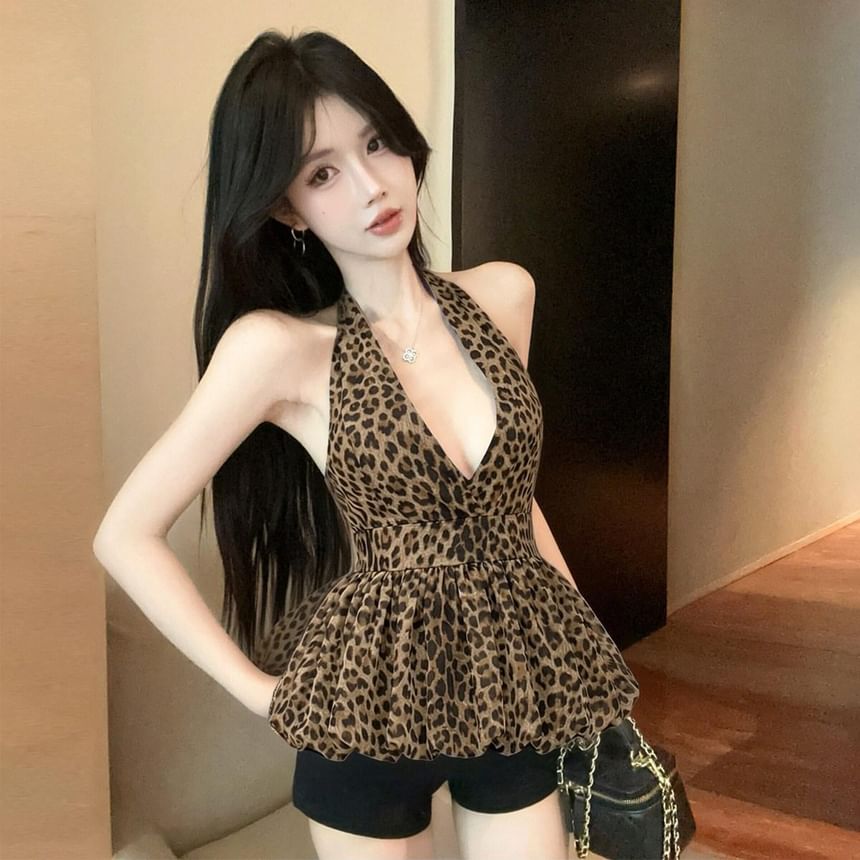 Leopard Print V-Neck Halter Bubble Top