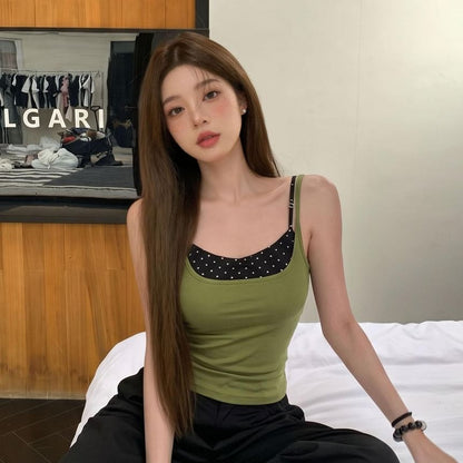 Square Neck Dotted Panel Spaghetti Strap Camisole Top