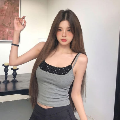 Square Neck Dotted Panel Spaghetti Strap Camisole Top