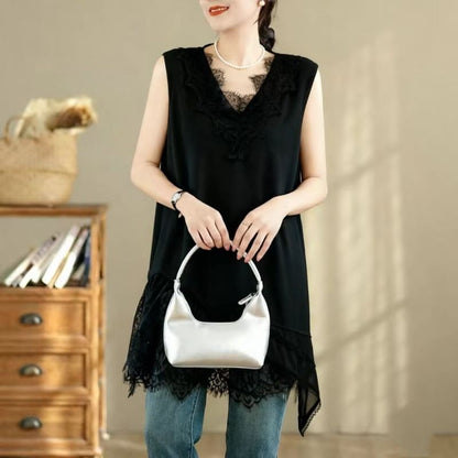 Sleeveless V-Neck Plain Asymmetrical Panel Lace Tunic
