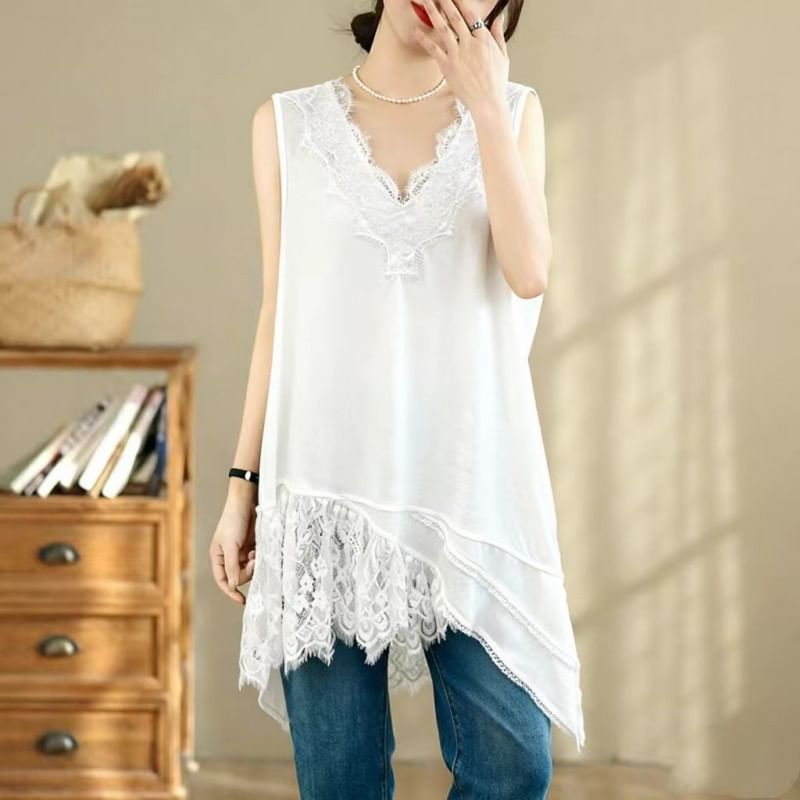Sleeveless V-Neck Plain Asymmetrical Panel Lace Tunic