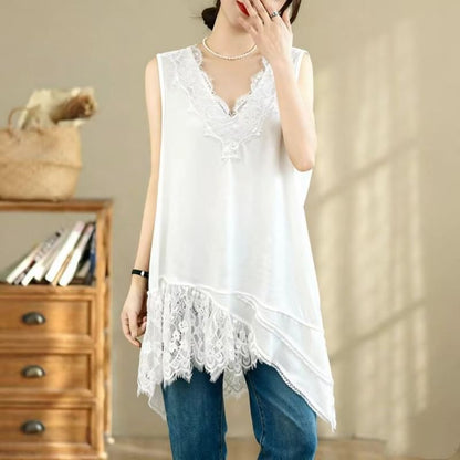 Sleeveless V-Neck Plain Asymmetrical Panel Lace Tunic