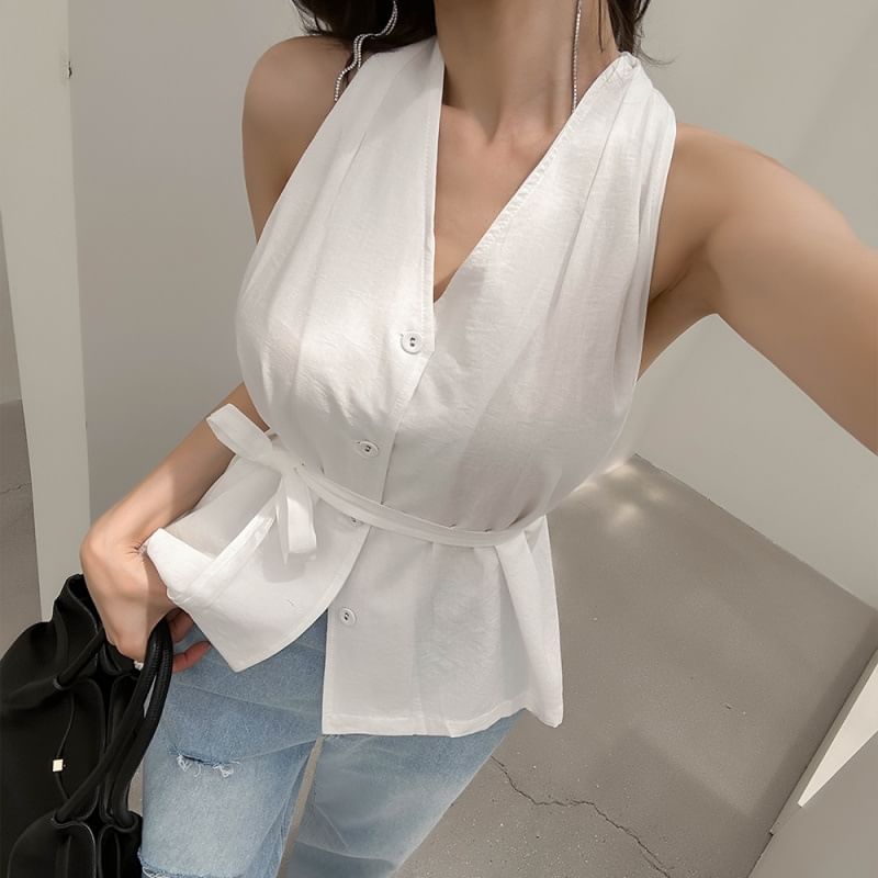 Halter-Neck Plain Button-Up Top