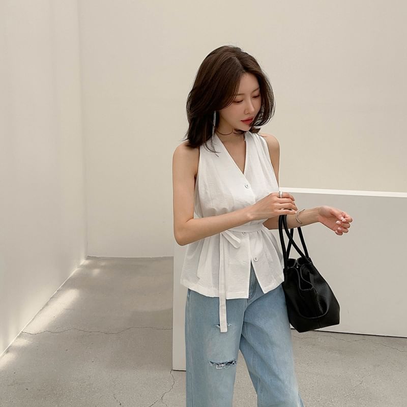 Halter-Neck Plain Button-Up Top