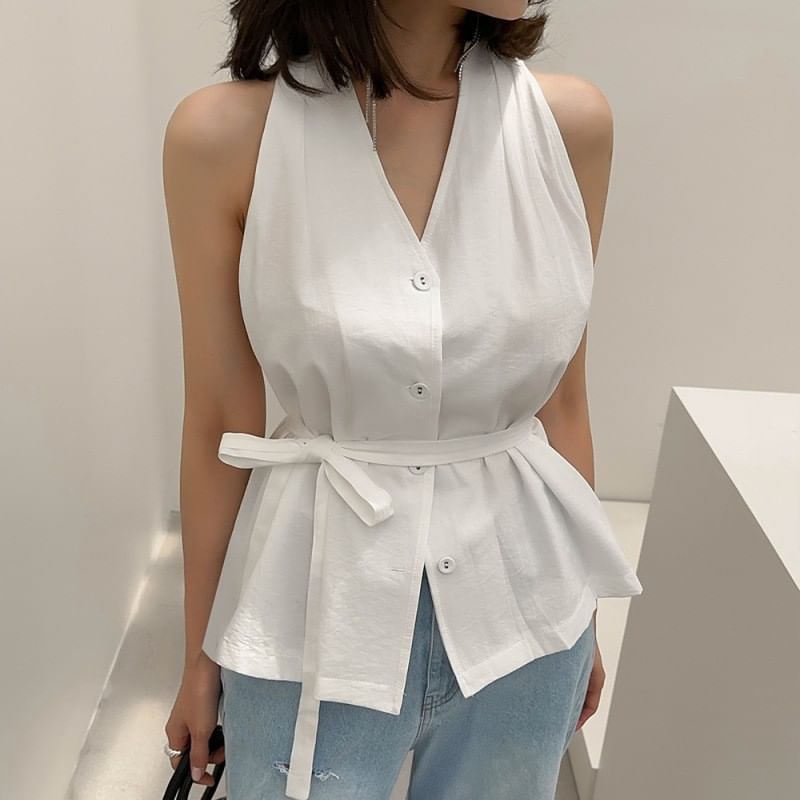 Halter-Neck Plain Button-Up Top