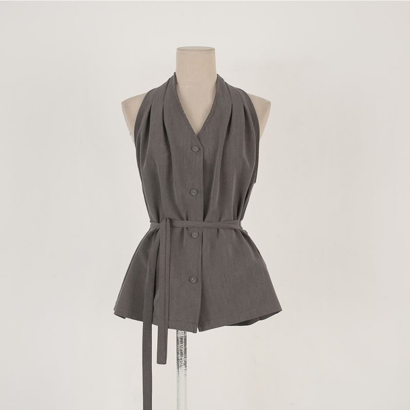 Halter-Neck Plain Button-Up Top