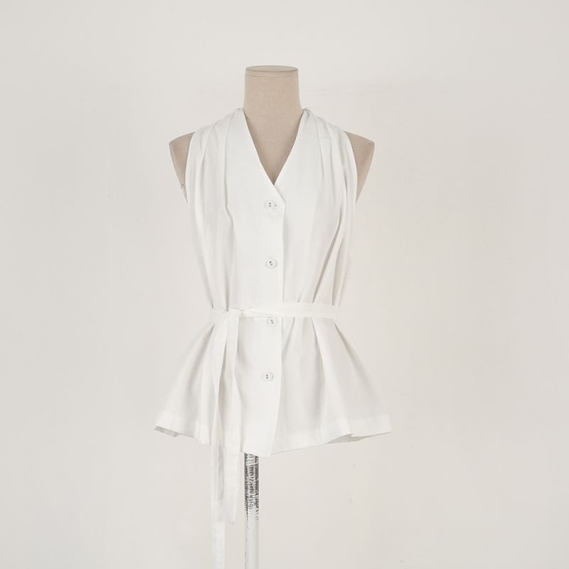 Halter-Neck Plain Button-Up Top