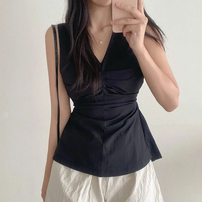 Sleeveless V-Neck Plain Ruched Top