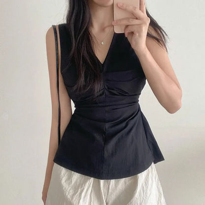 Sleeveless V-Neck Plain Ruched Top