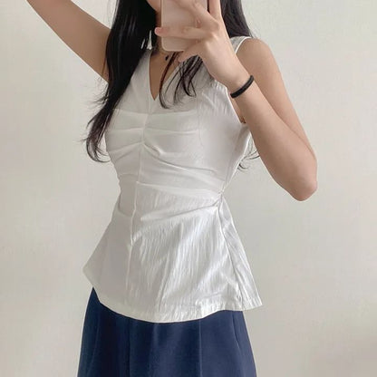 Sleeveless V-Neck Plain Ruched Top