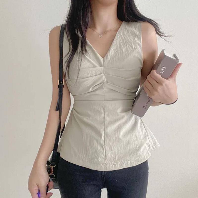 Sleeveless V-Neck Plain Ruched Top