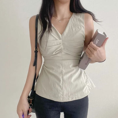 Sleeveless V-Neck Plain Ruched Top
