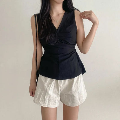 Sleeveless V-Neck Plain Ruched Top