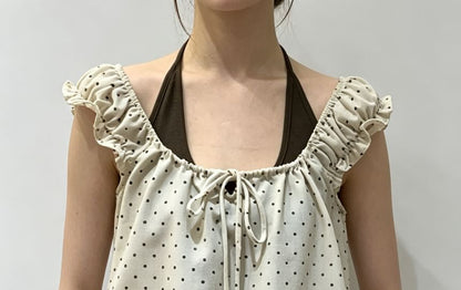 Set: Cap Sleeve Scoop Neck Ruffled-Trim Dotted Slim-Fit Top + Halter Neck  Plain Tank Top