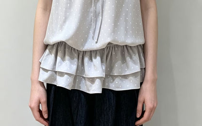 Set: Cap Sleeve Scoop Neck Ruffled-Trim Dotted Slim-Fit Top + Halter Neck  Plain Tank Top