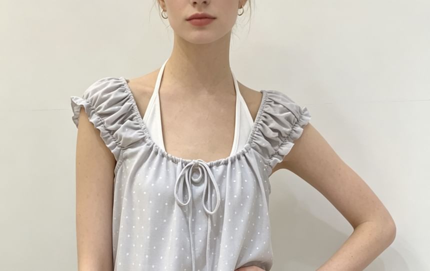 Set: Cap Sleeve Scoop Neck Ruffled-Trim Dotted Slim-Fit Top + Halter Neck  Plain Tank Top