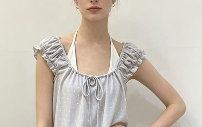 Set: Cap Sleeve Scoop Neck Ruffled-Trim Dotted Slim-Fit Top + Halter Neck  Plain Tank Top