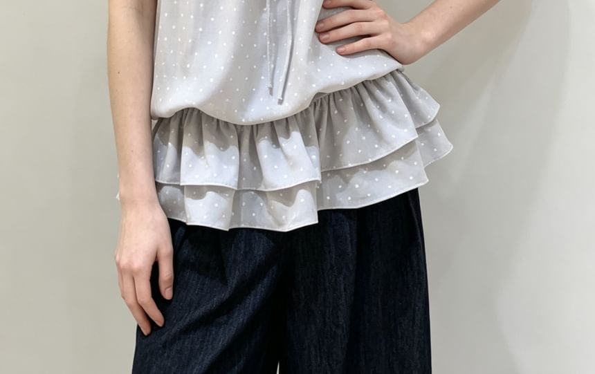 Set: Cap Sleeve Scoop Neck Ruffled-Trim Dotted Slim-Fit Top + Halter Neck  Plain Tank Top