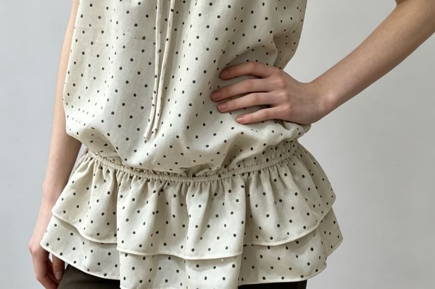 Set: Cap Sleeve Scoop Neck Ruffled-Trim Dotted Slim-Fit Top + Halter Neck  Plain Tank Top