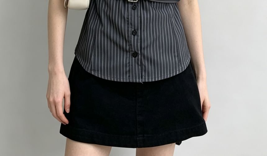 Short Sleeve V-Neck Lace-Trim Striped Tie-Waist Slim-Fit Shirt