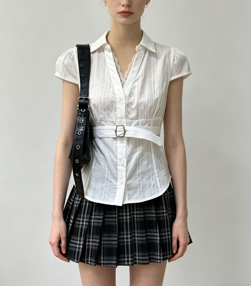 Short Sleeve V-Neck Lace-Trim Striped Tie-Waist Slim-Fit Shirt