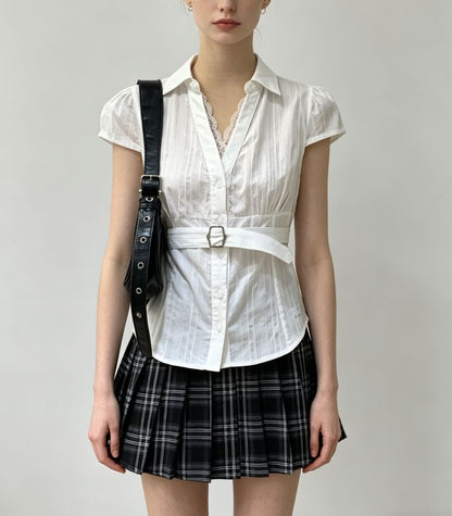 Short Sleeve V-Neck Lace-Trim Striped Tie-Waist Slim-Fit Shirt