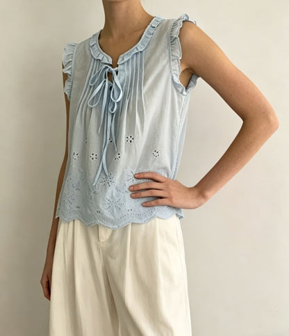Scoop Neck Ruffled-Trim Tie-Front Eyelet Loose-Fit Tank Top