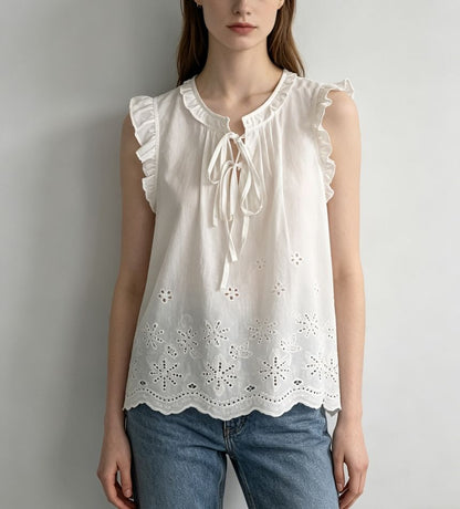 Scoop Neck Ruffled-Trim Tie-Front Eyelet Loose-Fit Tank Top