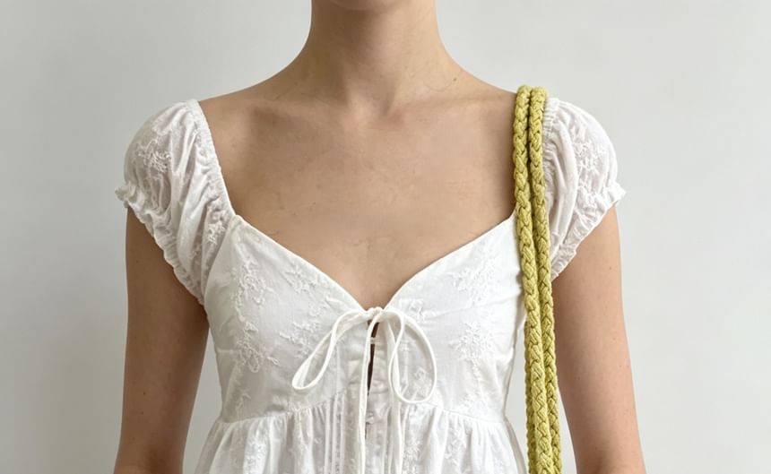 Puff Sleeve Sweetheart Neckline Plain Tie-Front Ruffled Hem Blouse