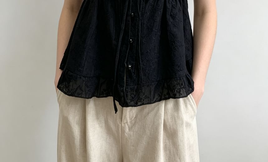 Puff Sleeve Sweetheart Neckline Plain Tie-Front Ruffled Hem Blouse