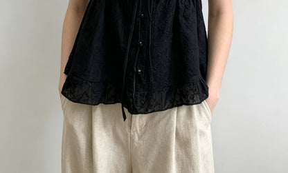 Puff Sleeve Sweetheart Neckline Plain Tie-Front Ruffled Hem Blouse